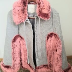Kate Spade Poncho Cape Silk Lined Pink Fur Trim